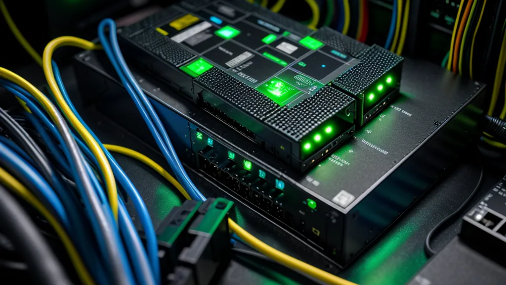 Câbles Ethernet branchés sur un switch professionnel, matériel utilisé pour sécuriser un réseau d'entreprise