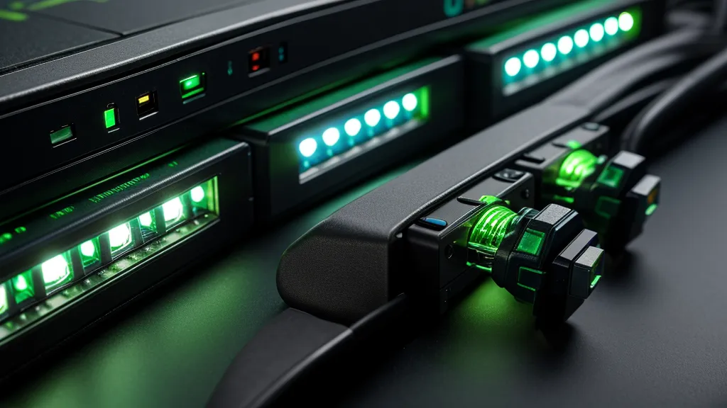 Détail d'un switch réseau professionnel avec des câbles ethernet branchés
