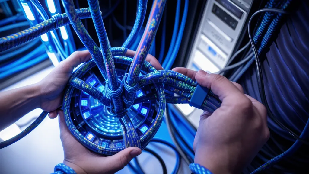 Câblage réseau dans une baie de serveurs informatique.