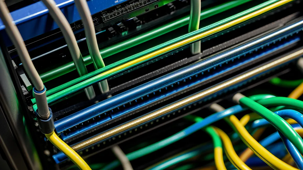 Détail d'un commutateur réseau avec des câbles Ethernet branchés et des voyants lumineux