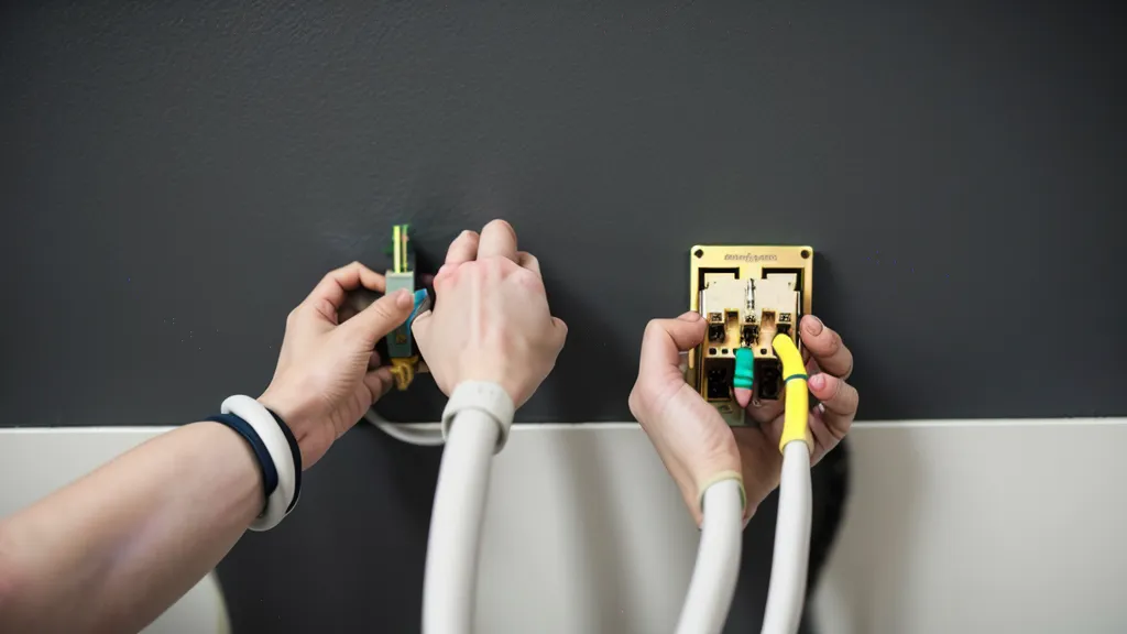 Mains d'un technicien manipulant un câble réseau Cat 6 pour un branchement