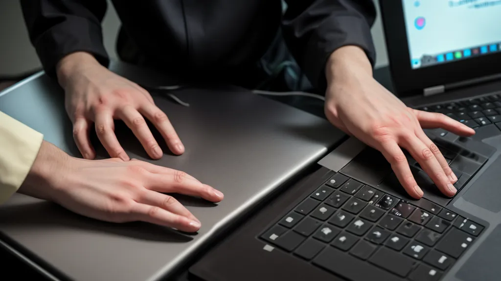 Mains d'un technicien configurant un réseau sur son ordinateur portable le soir